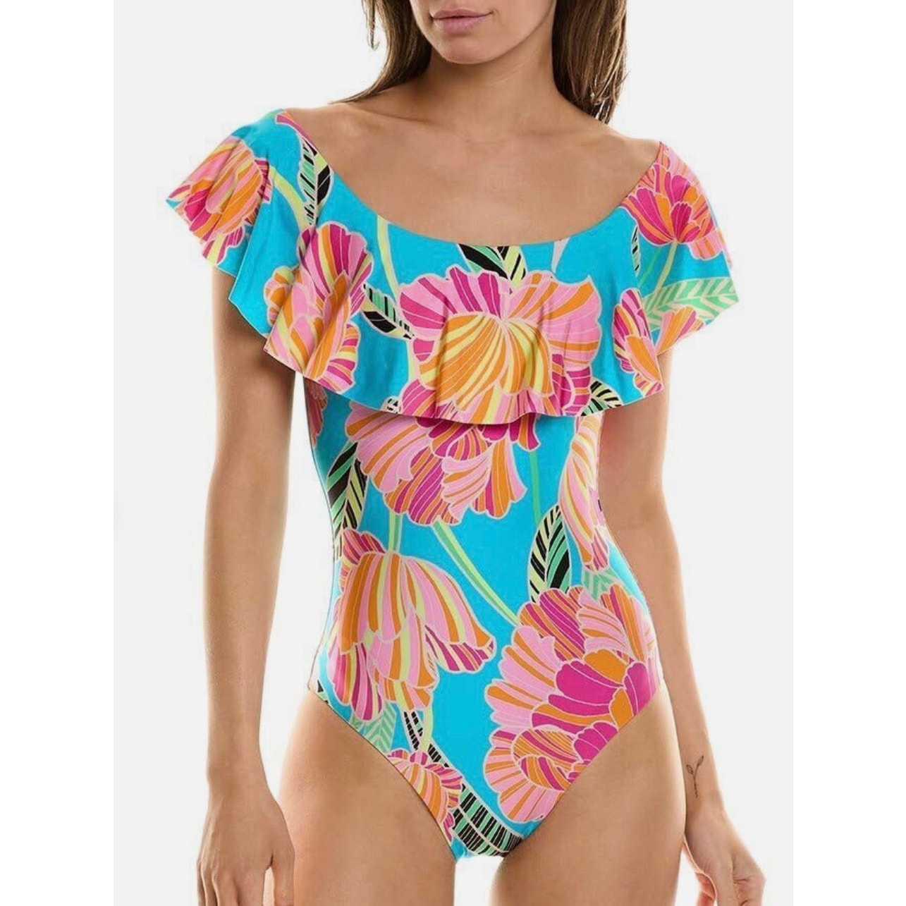 Trina Turk Poppy Ruffle Bandeau One Piece Swim Suit 8 Nwt